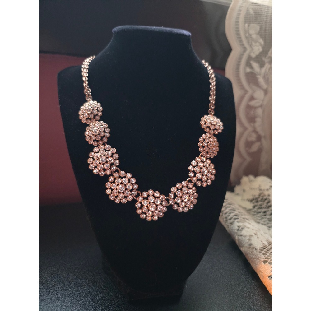 Vintage Trifari Rose Gold Tone Rhinestone Floral Cluster Statement Necklace